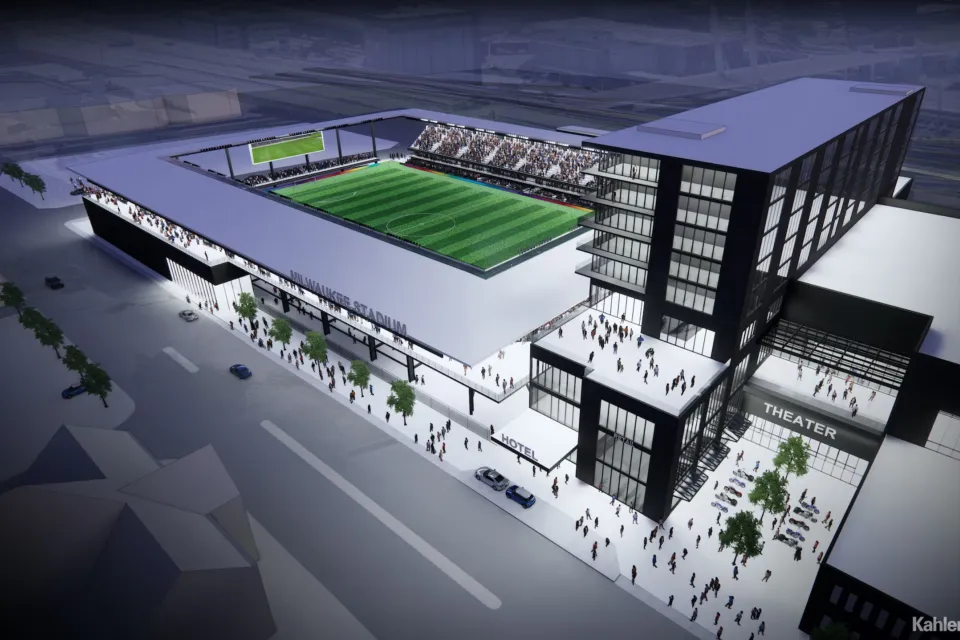 Rendering of downtown Milwaukee sports stadium with soccer field